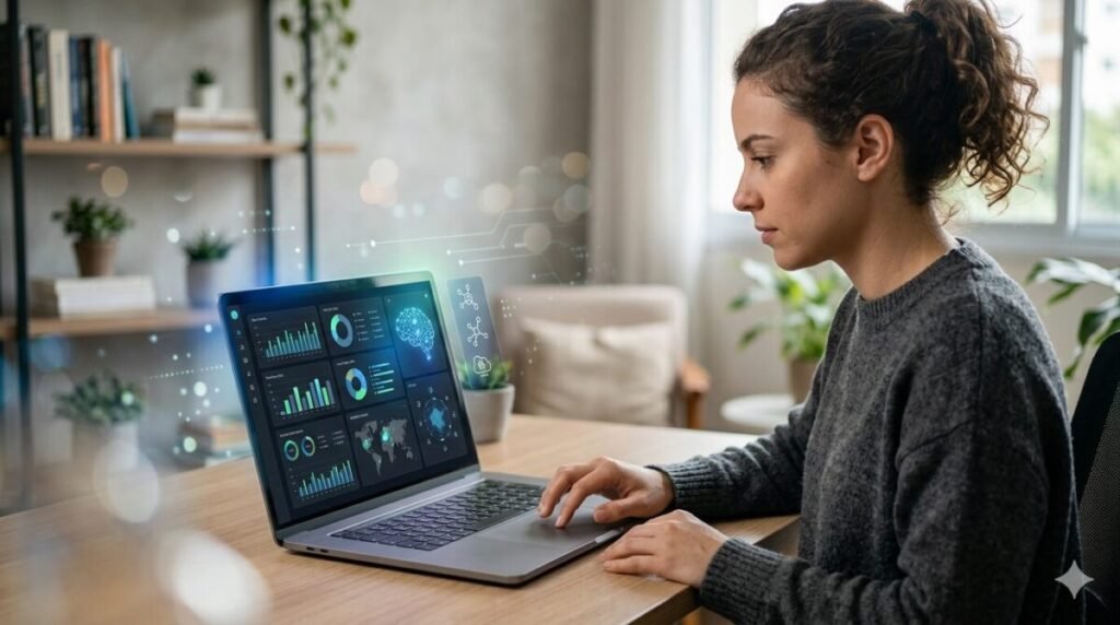 Pessoa trabalhando no laptop com interface de inteligência artificial e gráficos digitais em ambiente moderno