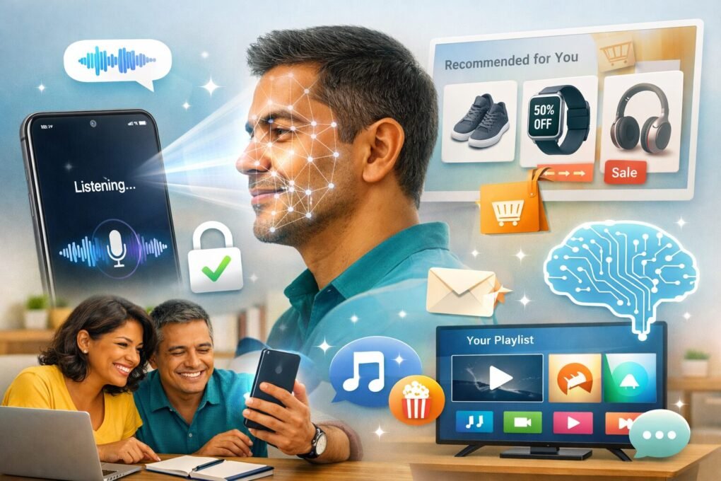 Homem utilizando assistente de voz e Inteligência Artificial em smartphone com recomendações digitais, reconhecimento facial e automações inteligentes.