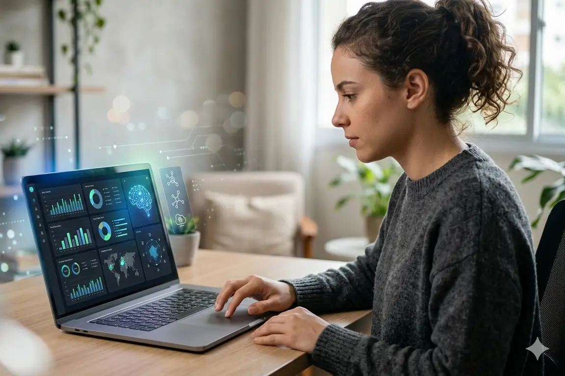 Pessoa trabalhando no laptop com interface de inteligência artificial e gráficos digitais em ambiente moderno