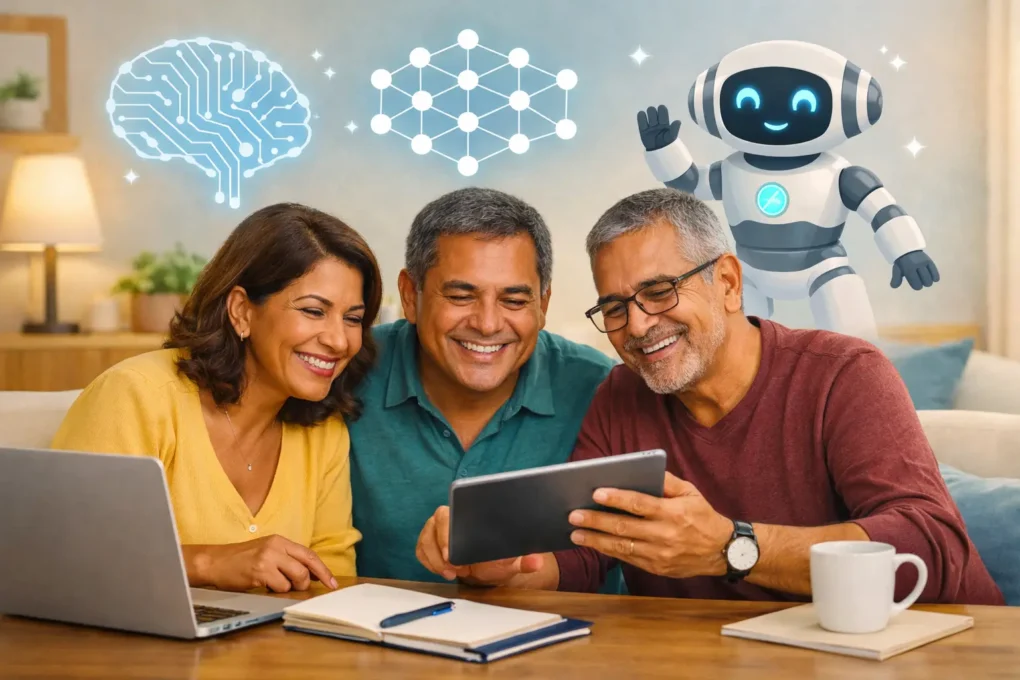 Pessoas acima de 50 anos aprendendo Inteligência Artificial em tablet e notebook com assistente virtual de IA ao fundo.