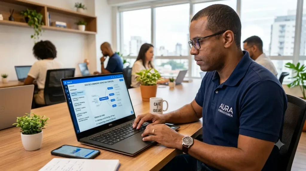Um microempreendedor brasileiro focado, vestindo uma camisa polo da 'Aura Consultoria' e óculos, trabalhando em seu notebook em um moderno escritório de co-working. A tela do laptop exibe uma estrutura detalhada de um e-book, incluindo capítulos, um mapa mental e tópicos, indicando o uso de ferramentas de Inteligência Artificial para a criação de conteúdo. Ao seu redor, outros profissionais trabalham, com iluminação natural vindo da janela.