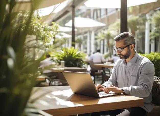 Himem sênior em frente ao laptop, aprendendo sobre inteligência artificial e novos serviços