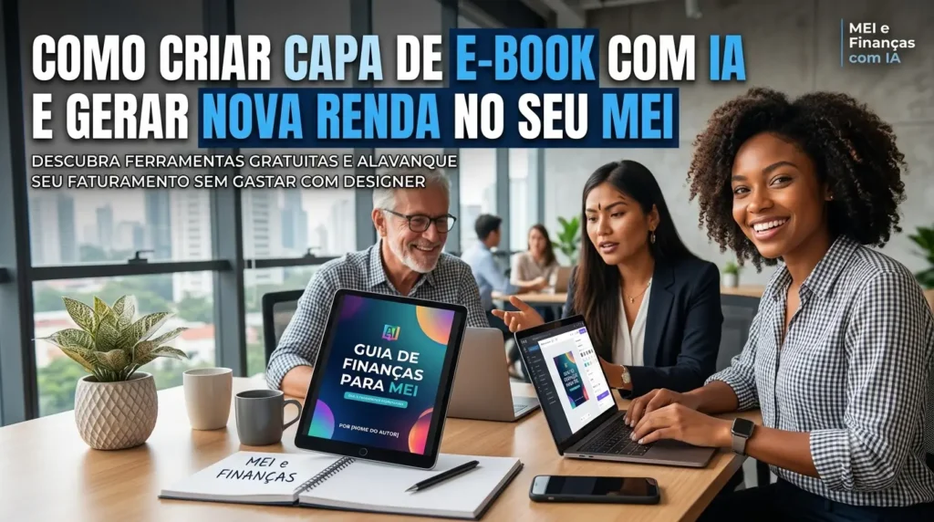 Capa de artigo para o blog 'MEI e Finanças com IA', mostrando três pessoas em um escritório moderno colaborando e sorrindo, com texto sobreposto em português que diz 'Como Criar Capa de E-Book com IA e Gerar Nova Renda no seu MEI', e um tablet exibindo um e-book com o título 'GUIA DE FINANÇAS PARA MEI'.