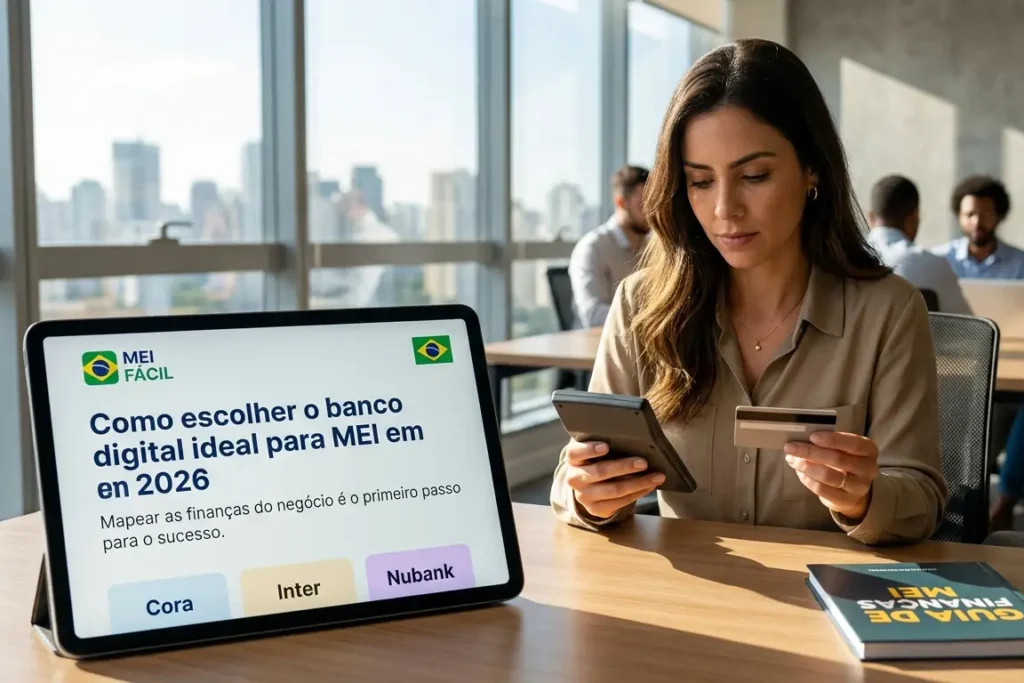 Empreendedor analisando finanças com uma calculadora e um cartão corporativo na mão, ao lado de um tablet que exibe o artigo sobre como escolher o banco digital ideal para MEI em 2026.