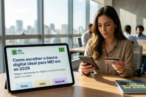 Empreendedor analisando finanças com uma calculadora e um cartão corporativo na mão, ao lado de um tablet que exibe o artigo sobre como escolher o banco digital ideal para MEI em 2026.
