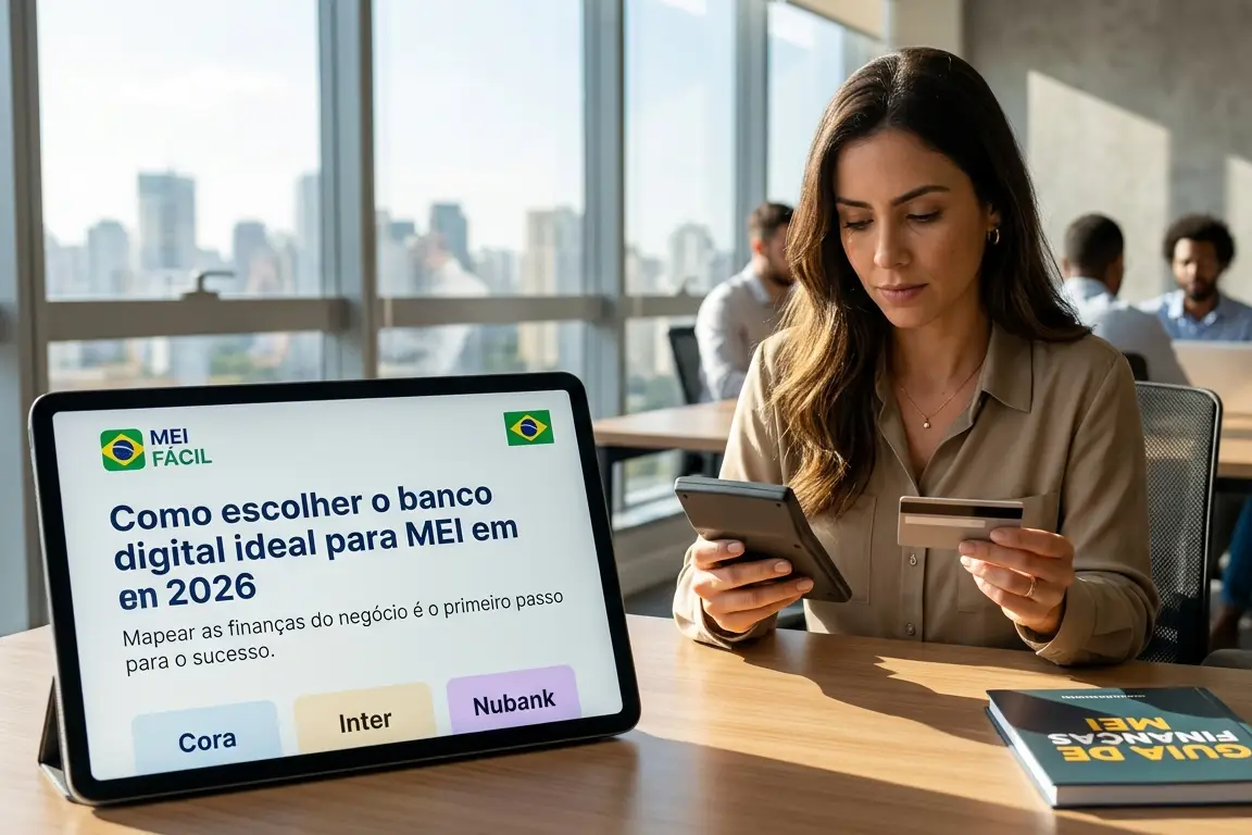 Empreendedor analisando finanças com uma calculadora e um cartão corporativo na mão, ao lado de um tablet que exibe o artigo sobre como escolher o banco digital ideal para MEI em 2026.