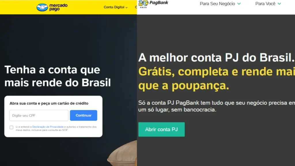 Mercado Pago e PagBank oferecem cartões e contas PJ sem anuidade para MEI em 2026.