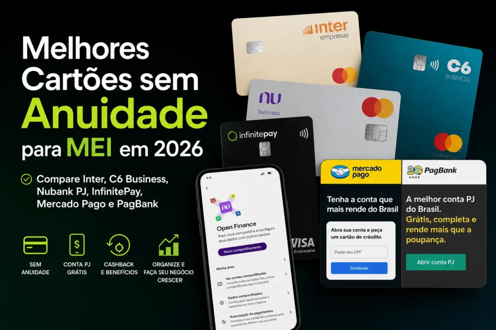 Comparativo dos melhores cartões sem anuidade para MEI em 2026, incluindo Inter Empresas, C6 Business, Nubank PJ, InfinitePay, Mercado Pago e PagBank.