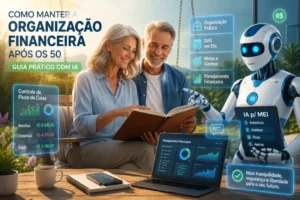 Casal acima de 50 anos organizando as finanças com ajuda da Inteligência Artificial, utilizando gráficos financeiros e assistente virtual em um ambiente moderno.