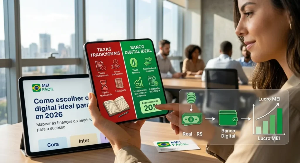 Infográfico comparativo em um tablet mostrando a diferença entre taxas tradicionais altas e os benefícios de um banco digital ideal para MEI, como investimento automático e integração com NFS-e, ajudando no crescimento do lucro.