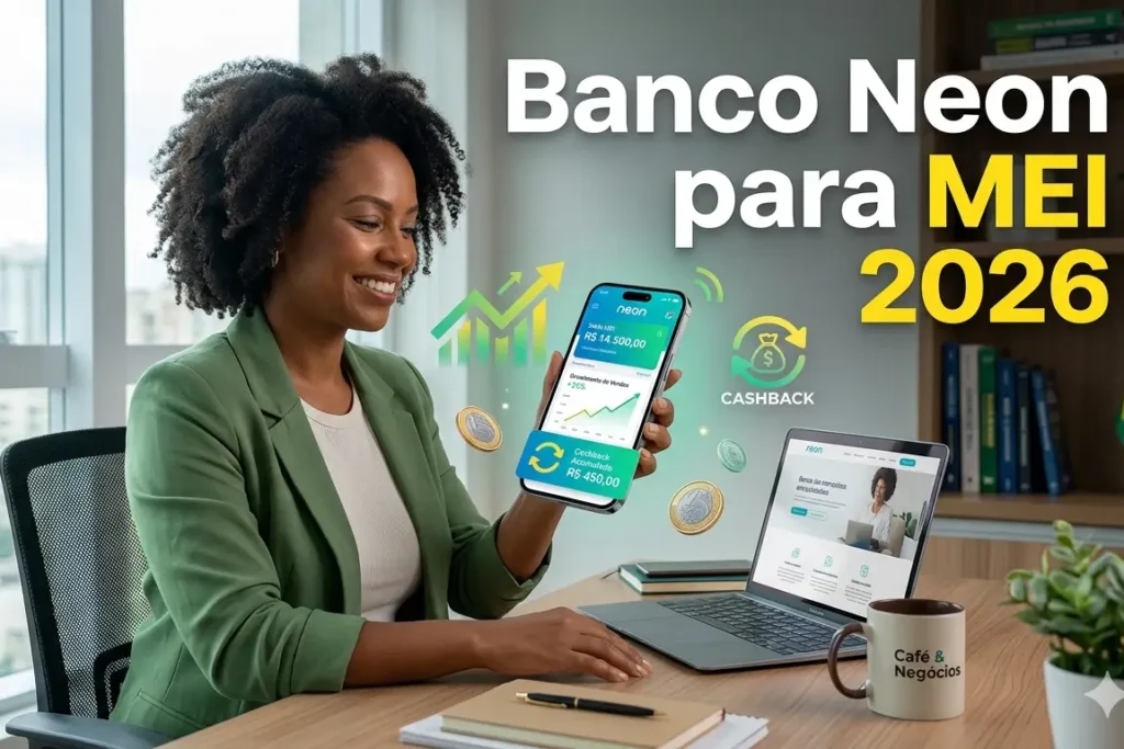 Microempreendedor usando app do Banco Digital Neon para MEI em 2026 com conta digital e cashback no Brasil