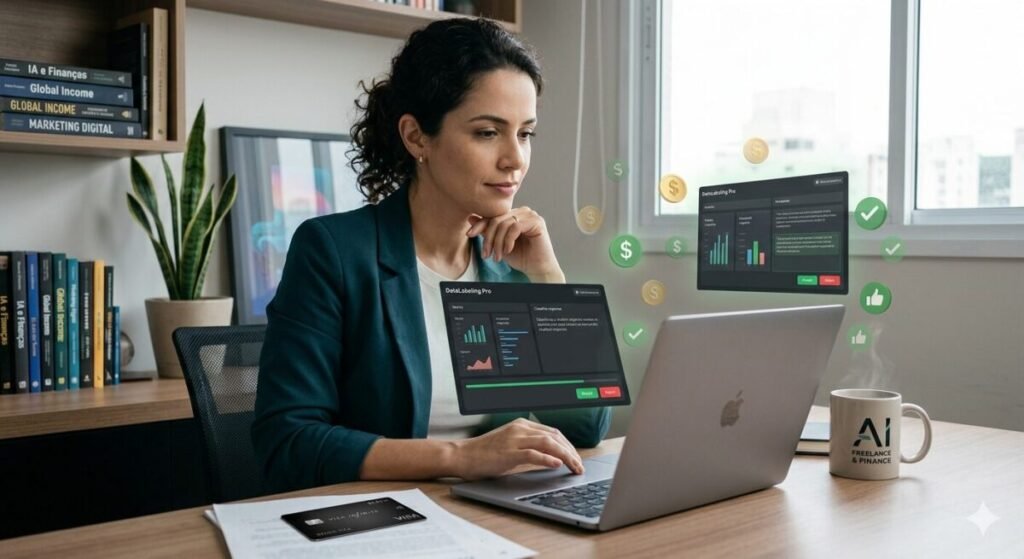 Mulher focada trabalhando em um notebook em home office moderno, realizando anotação e treinamento de IA para ganhar em dólar, com cartão black e café sobre a mesa.