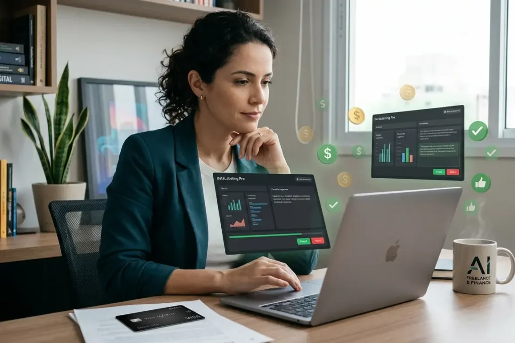 Mulher focada trabalhando em um notebook em home office moderno, realizando anotação e treinamento de IA para ganhar em dólar, com cartão black e café sobre a mesa.