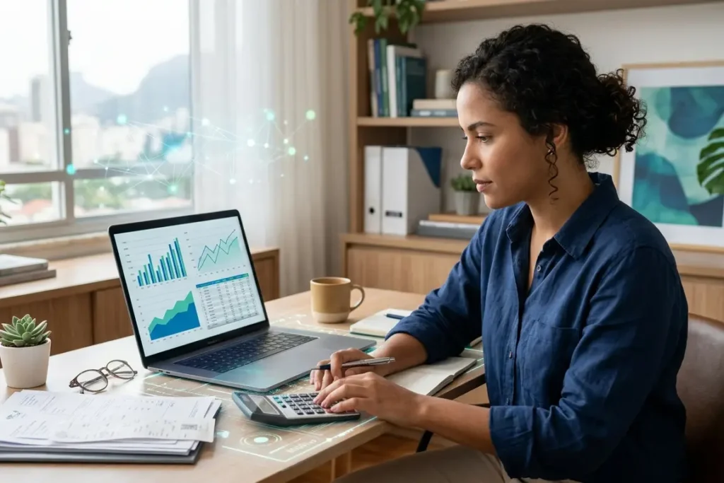 microempreendedor calculando lucro isento do MEI com planilhas e computador