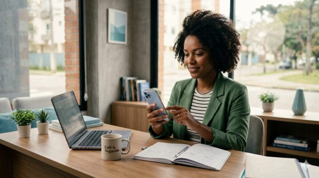 Microempreendedor usando aplicativo de banco digital Neon no celular para gerenciar finanças do MEI