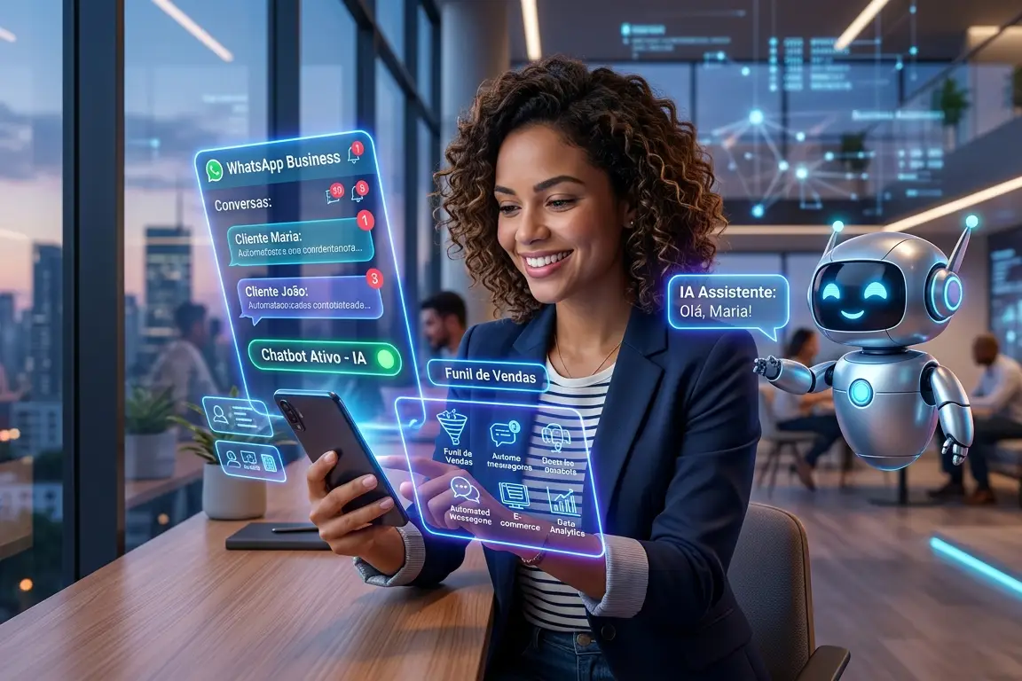 Mulher usando inteligência artificial no WhatsApp para automatizar atendimento e vendas em 2026