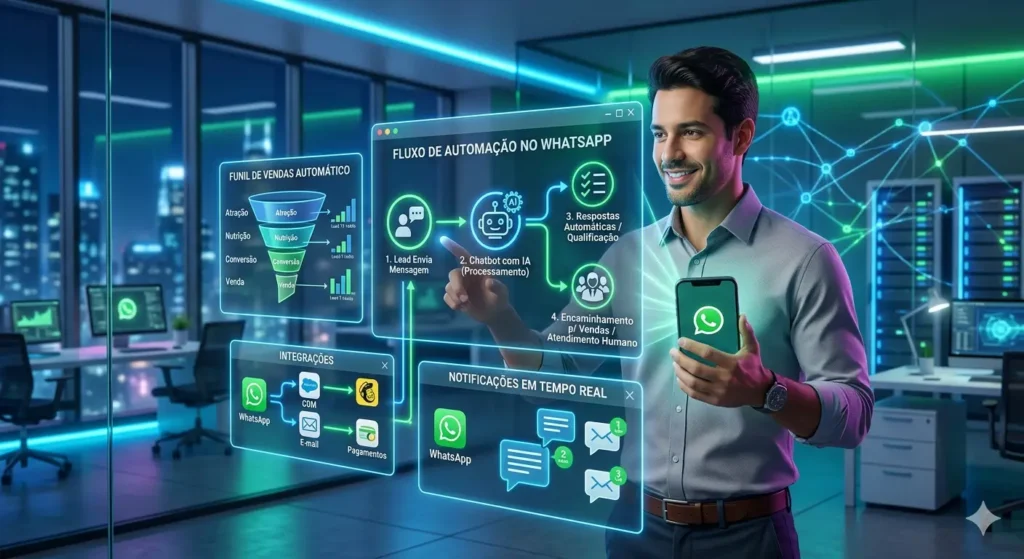 Homem usando automação com inteligência artificial no WhatsApp para vendas e atendimento automático em 2026