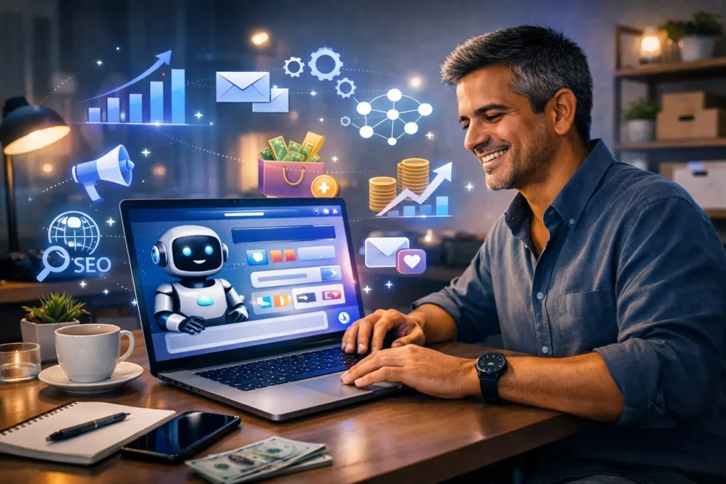 Empreendedor utilizando ChatGPT e inteligência artificial para negócios digitais, marketing e renda extra em 2026