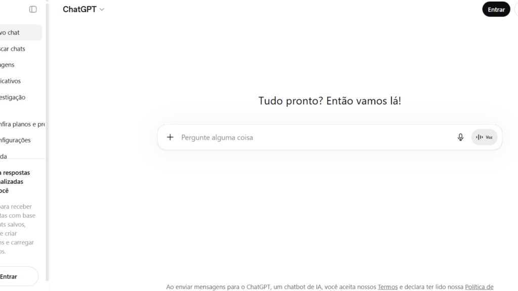 Tela inicial do ChatGPT utilizada para automação, atendimento e criação de conteúdo com inteligência artificial em 2026