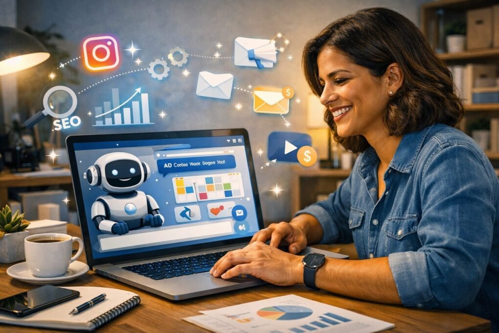 Mulher empreendedora utilizando ChatGPT para marketing digital, SEO e redes sociais em pequeno negócio
