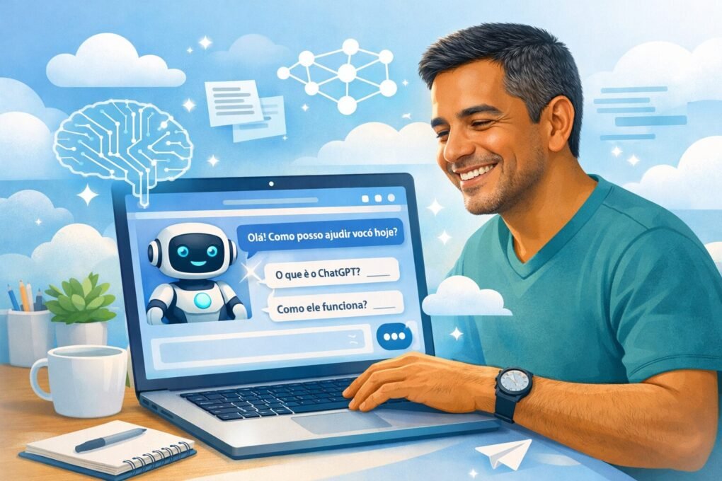 Empreendedor utilizando ChatGPT no notebook para atendimento e automação de pequenos negócios