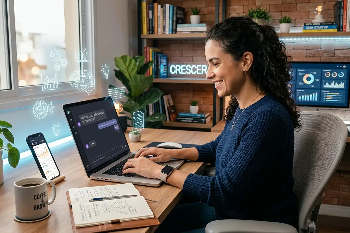 Mulher empreendedora utilizando ChatGPT e inteligência artificial para gestão de pequeno negócio em home office