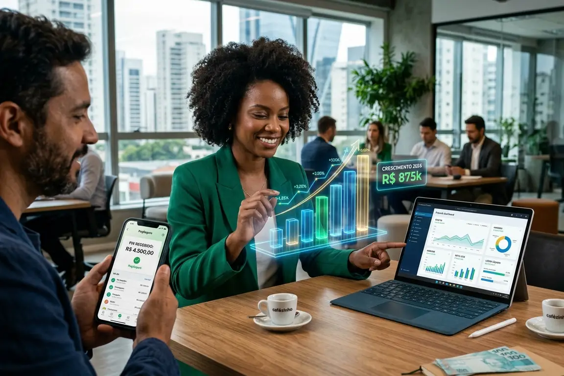 Empreendedores analisando crescimento financeiro com gráficos digitais e tecnologia em escritório moderno no Brasil em 2026