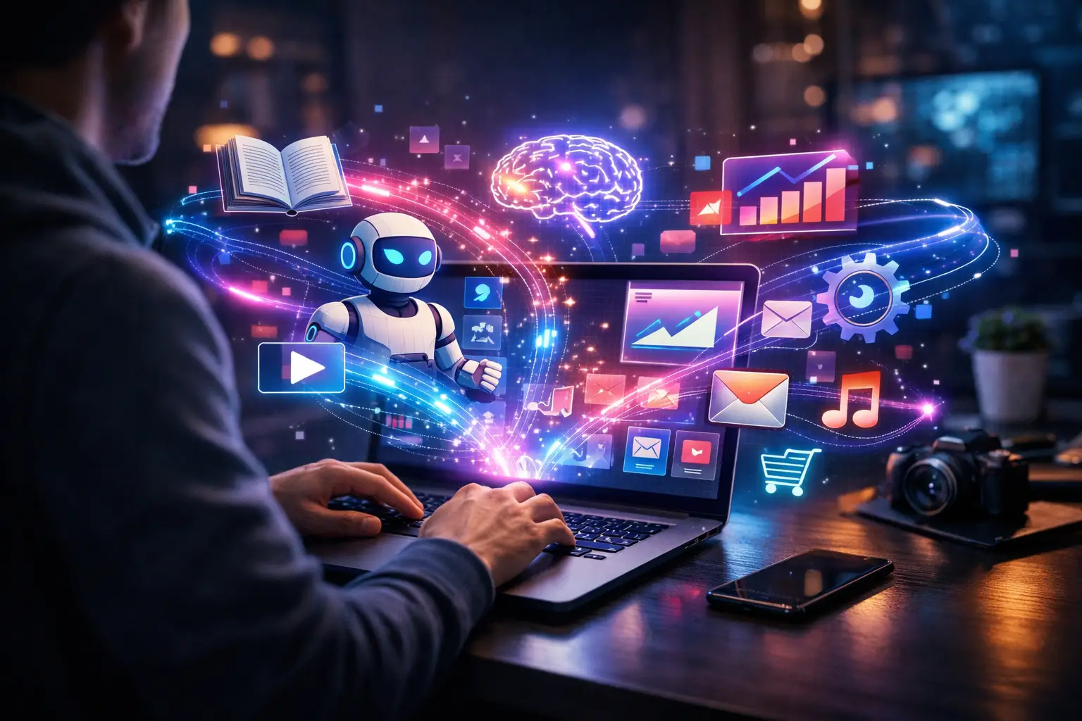 Pessoa criando produtos digitais com ferramentas de inteligência artificial em 2026
