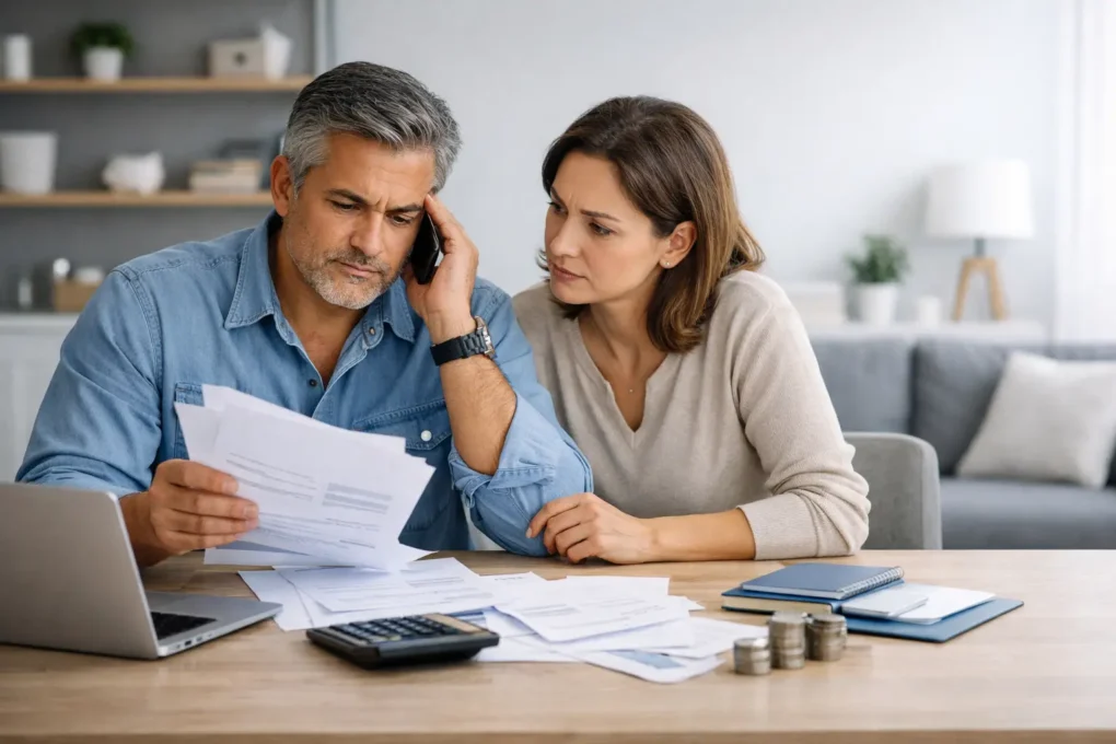 Casal analisando dívidas e documentos financeiros para renegociação do CNPJ MEI em 2026