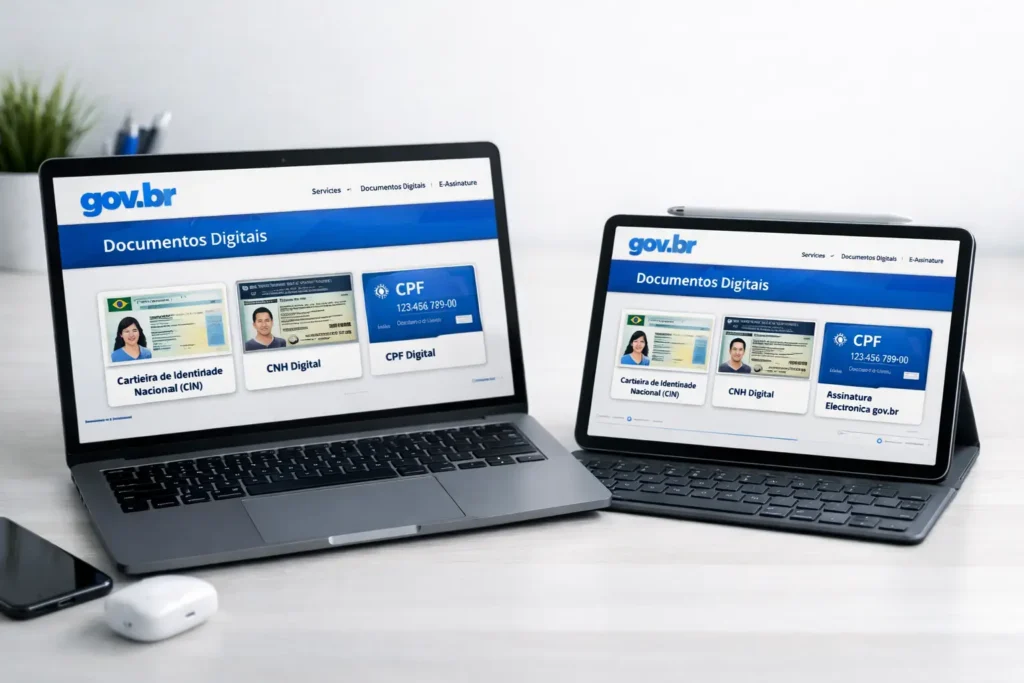 Documentos digitais do Gov.br exibindo CIN, CNH Digital e CPF Digital em notebook e tablet no Brasil em 2026