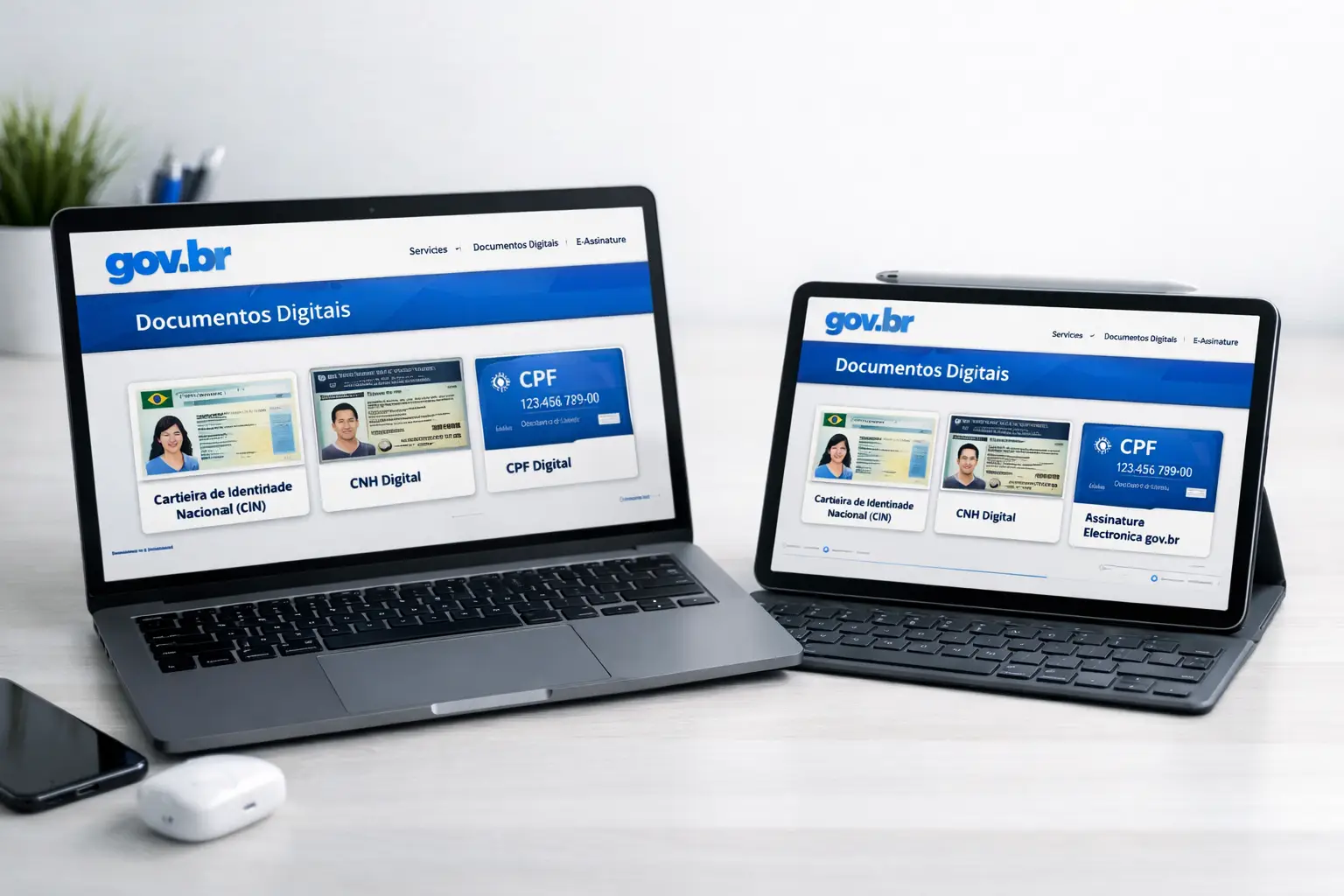 Documentos digitais do Gov.br exibindo CIN, CNH Digital e CPF Digital em notebook e tablet no Brasil em 2026