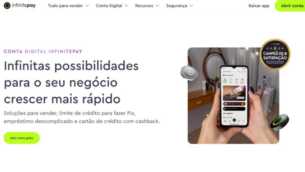 Captura da página oficial da InfinitePay destacando sua conta digital para empreendedores. A plataforma reúne Pix gratuito, cartão com cashback, empréstimos, recebimentos, maquininhas e ferramentas para acelerar o crescimento de MEIs e pequenos negócios em 2026.