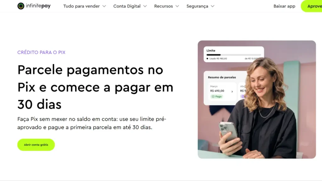 Página da InfinitePay mostrando opção de Pix parcelado com pagamento em até 30 dias.