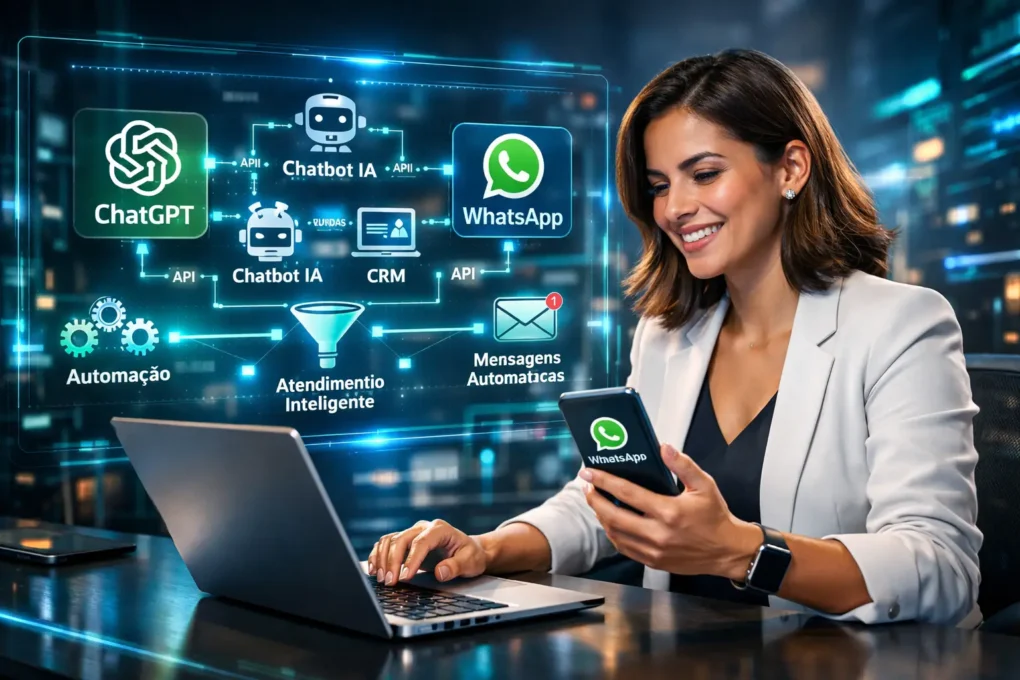 Mulher integrando ChatGPT ao WhatsApp para automação de atendimento e vendas em 2026