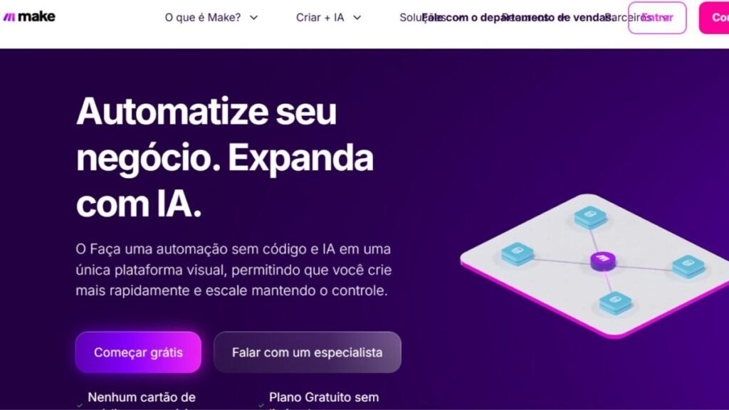 Tela da plataforma Make mostrando automação empresarial com inteligência artificial em 2026