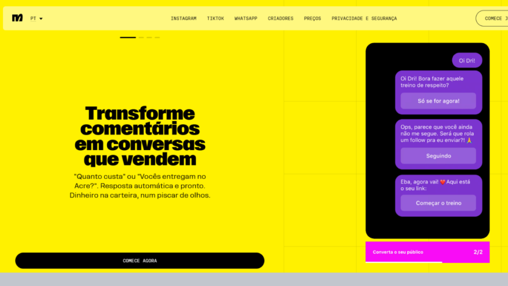 Tela da plataforma ManyChat mostrando automação de mensagens no Instagram e WhatsApp para vendas em 2026