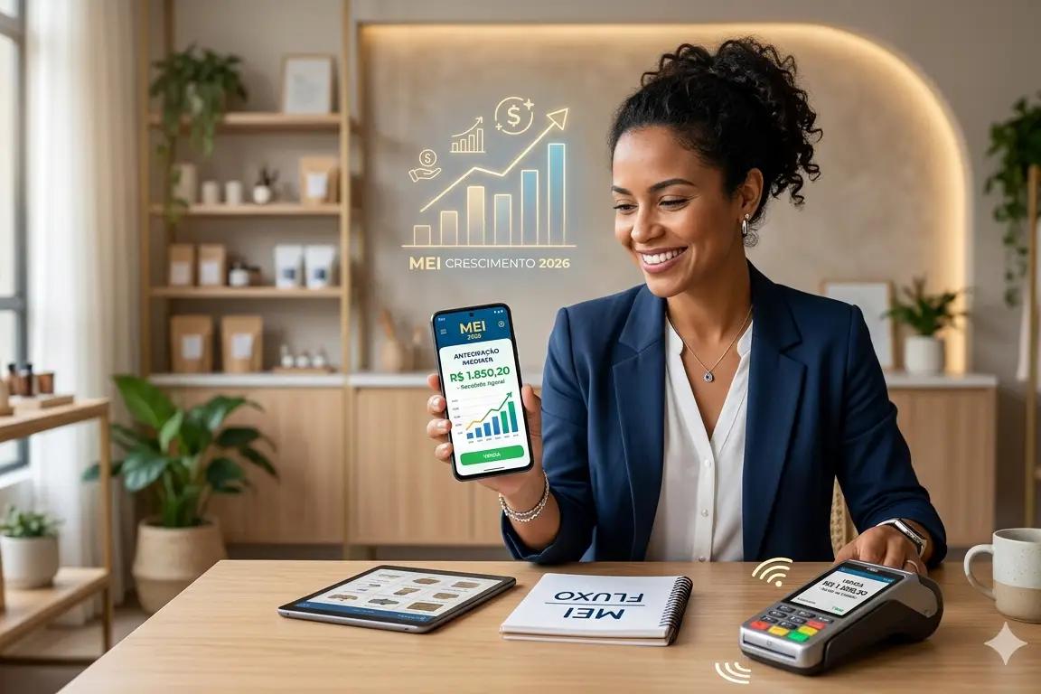 MEI utilizando aplicativo financeiro para antecipação de vendas no cartão em 2026