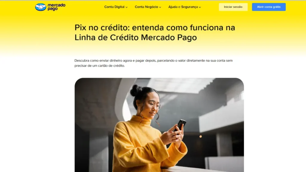 Página do Mercado Pago explicando Pix no crédito para pagamentos parcelados em 2026.
