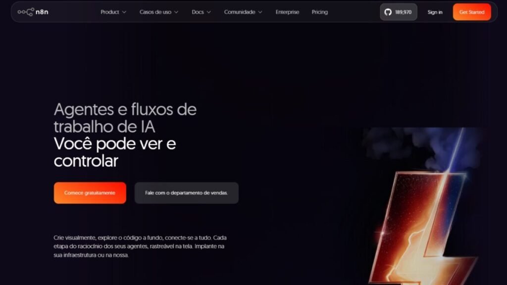 Tela da plataforma N8N mostrando automação de workflows e agentes de inteligência artificial em 2026