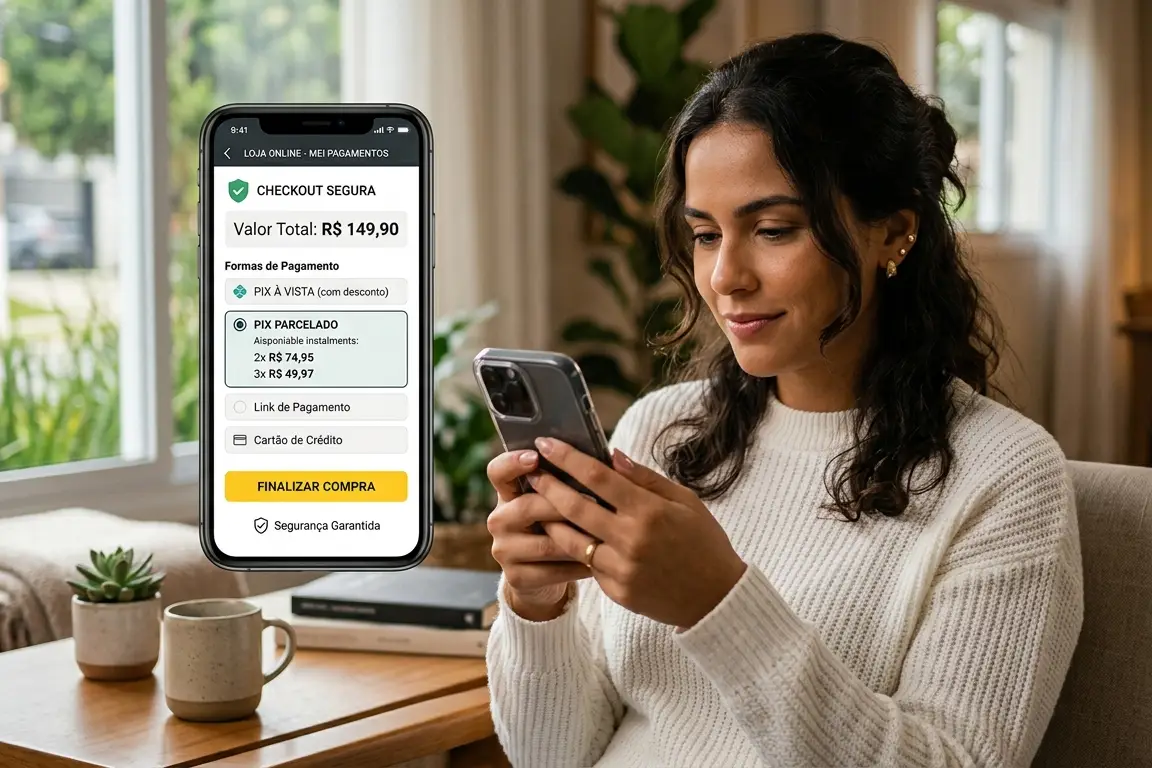 Mulher realizando pagamento com Pix parcelado em aplicativo de compras online para MEI em 2026.