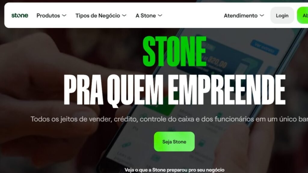Página da Stone destacando soluções de pagamento, conta PJ e gestão financeira para MEI em 2026