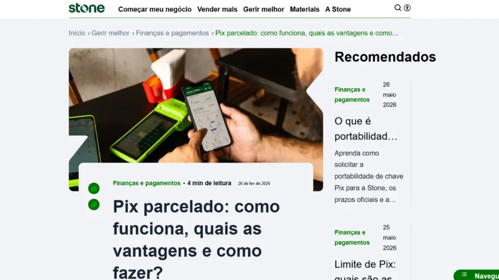 Página da Stone explicando como funciona o Pix parcelado para empresas e MEIs em 2026.
