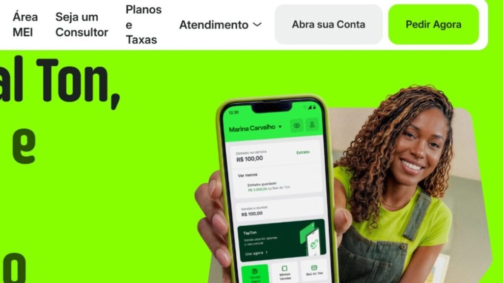 Aplicativo Ton para MEI exibindo conta digital, vendas e recebimentos pelo celular em 2026