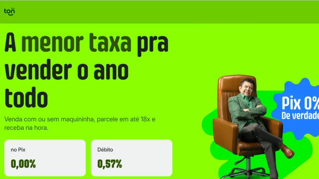 Página da Ton destacando menores taxas para vendas parceladas e Pix em 2026.
