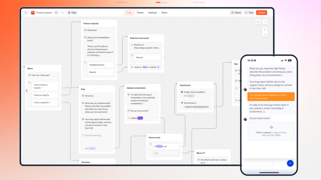 Interface do Typebot mostrando fluxo de automação e chatbot inteligente para WhatsApp em 2026