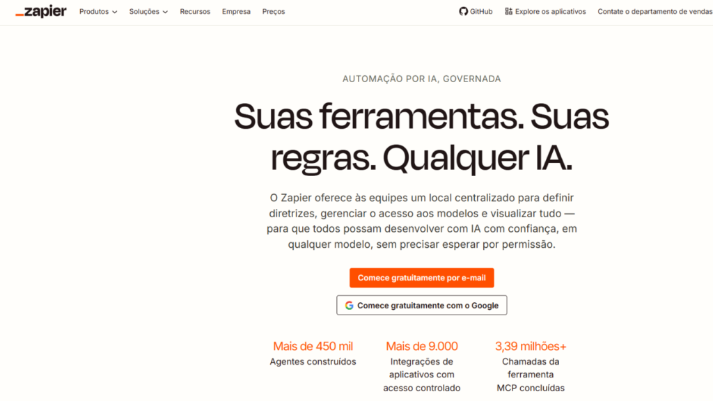 Tela da plataforma Zapier mostrando automação com inteligência artificial e integração entre aplicativos em 2026