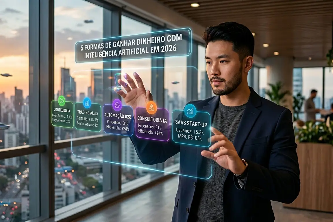 Profissional utilizando interface holográfica com modelos de negócios baseados em inteligência artificial, incluindo criação de conteúdo, automação B2B, consultoria em IA e startups SaaS.