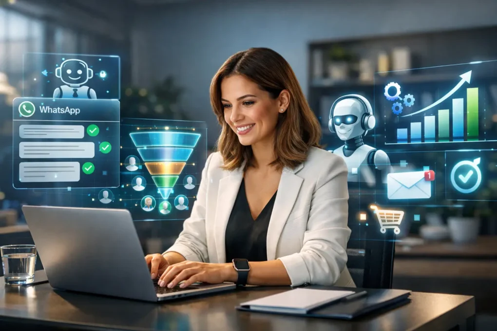 Empreendedora utilizando agentes de inteligência artificial para automatizar atendimento no WhatsApp, qualificação de leads, vendas e comunicação com clientes em 2026.