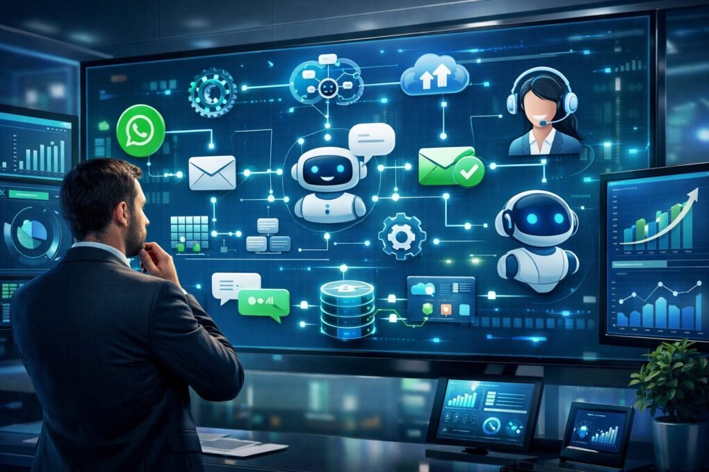 Empresário analisando painel digital com chatbot de inteligência artificial conectado ao WhatsApp, e-mail, banco de dados e sistemas de atendimento automatizado para empresas.