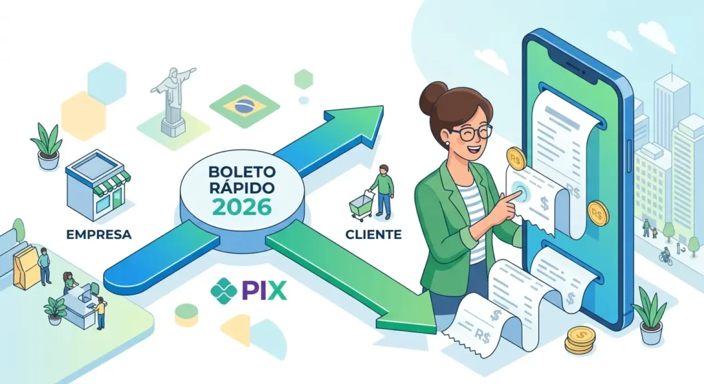 Ilustração de boleto híbrido com Pix para MEI e microempresas em 2026 mostrando cobrança digital rápida entre empresa e cliente.